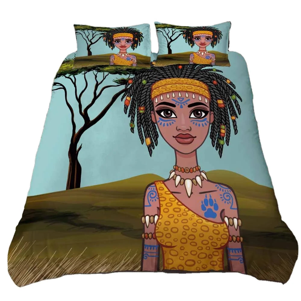 3pcs Eco-friendly Beddings African Design 3D Printed Linen Embroid Black Vintage Woman Character 100% Polyester Polyester