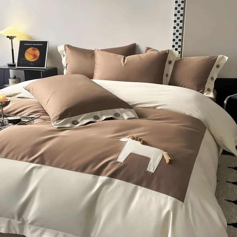 100S Egyptian Cotton Bedding Sets Luxury Bed Sheets Splicing Embroidery Horse Designer Bedding Luxury Brand