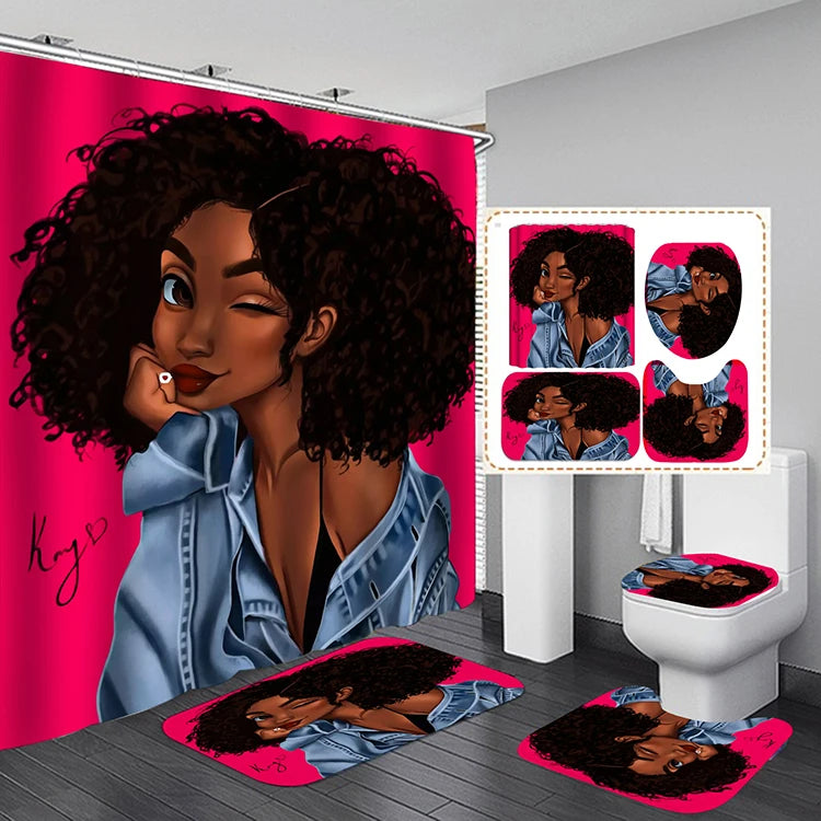 American African Black Women Bad Girl Afro Shower Curtain Bathroom Set and Bath Rugs Set