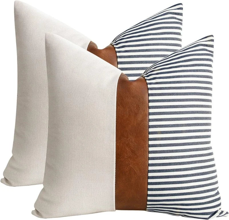 Farmhouse Stripe Patchwork Linen Throw Lumbar Cushion Covers Decorative Home Modern Faux Leather Throw Pillow Cover