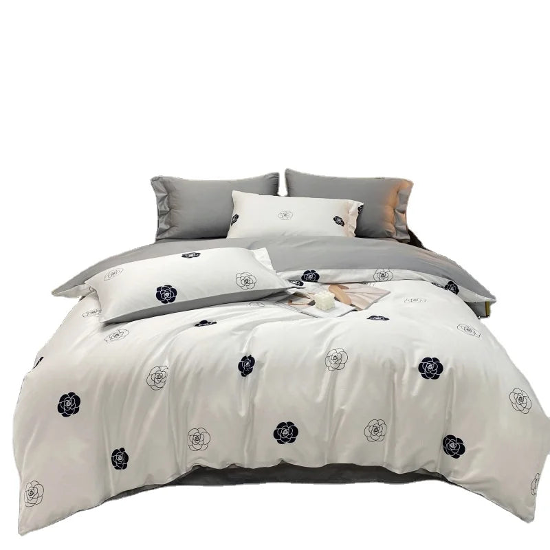 American Style 60s Bedding Sets 100% Egyptian Organic Cotton White Gray Floral Pattern 4pcs 300TC Thread Count