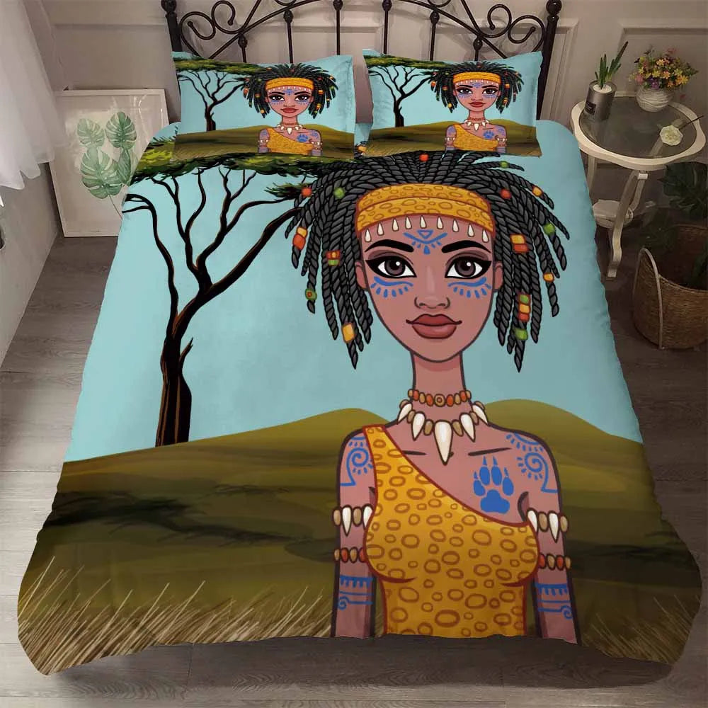 3pcs Eco-friendly Beddings African Design 3D Printed Linen Embroid Black Vintage Woman Character 100% Polyester Polyester