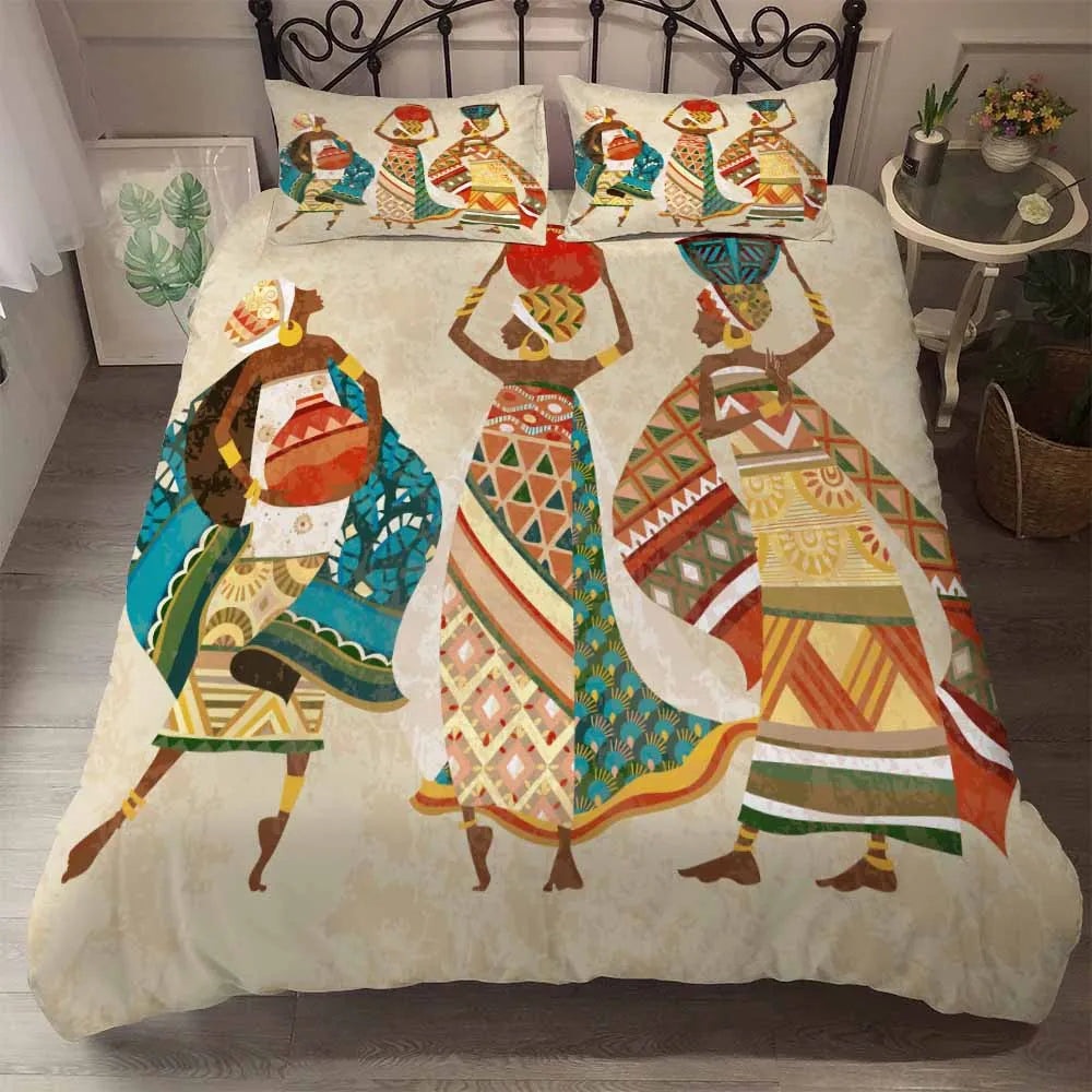 3pcs Eco-friendly Beddings African Design 3D Printed Linen Embroid Black Vintage Woman Character 100% Polyester Polyester