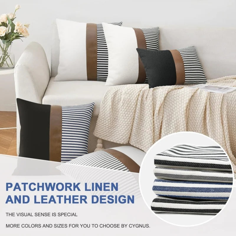 Farmhouse Stripe Patchwork Linen Throw Lumbar Cushion Covers Decorative Home Modern Faux Leather Throw Pillow Cover