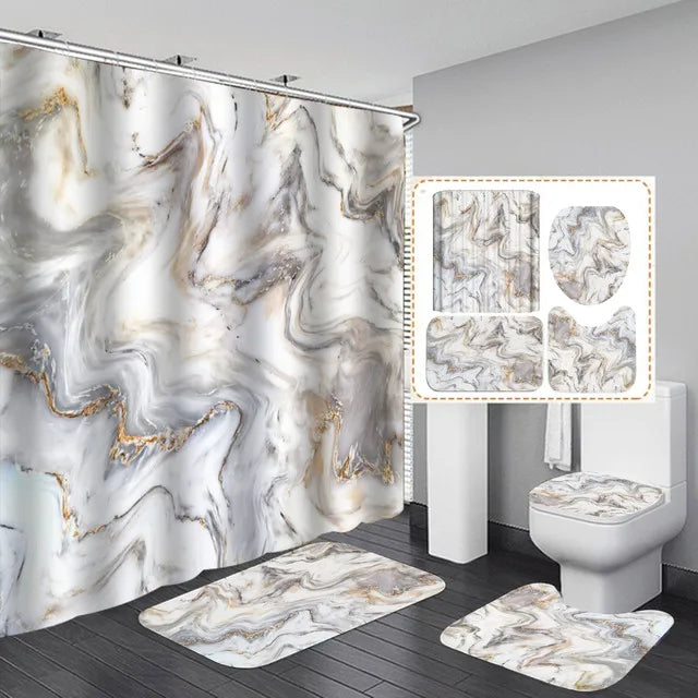 Marble White Shower Curtain Set With Non Slip Rug Bath Mat Carpet Modern Bathroom Curtains Toilet Lid Cover Home Decoration/