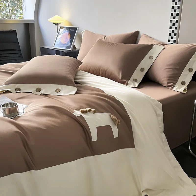 100S Egyptian Cotton Bedding Sets Luxury Bed Sheets Splicing Embroidery Horse Designer Bedding Luxury Brand