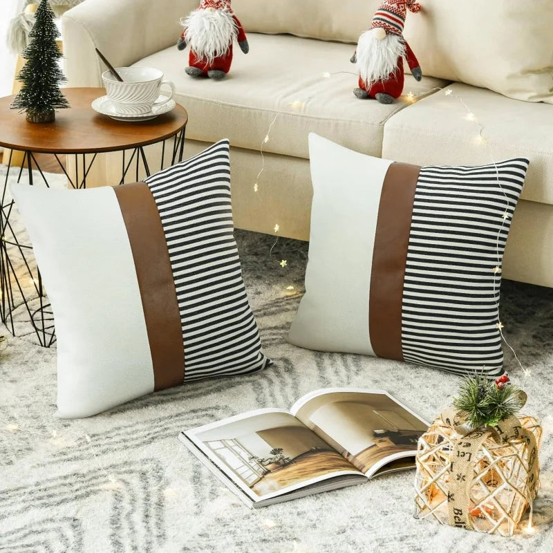 Farmhouse Stripe Patchwork Linen Throw Lumbar Cushion Covers Decorative Home Modern Faux Leather Throw Pillow Cover