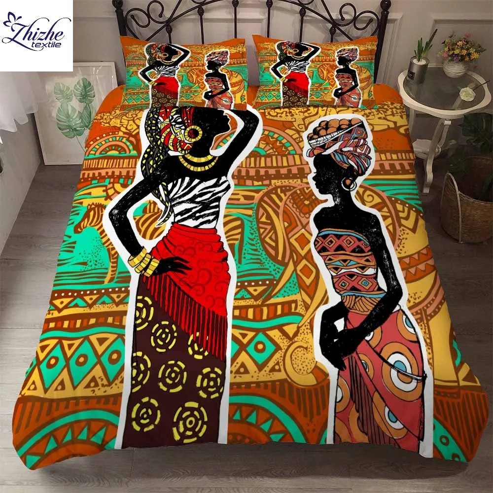 3pcs Eco-friendly Beddings African Design 3D Printed Linen Embroid Black Vintage Woman Character 100% Polyester Polyester