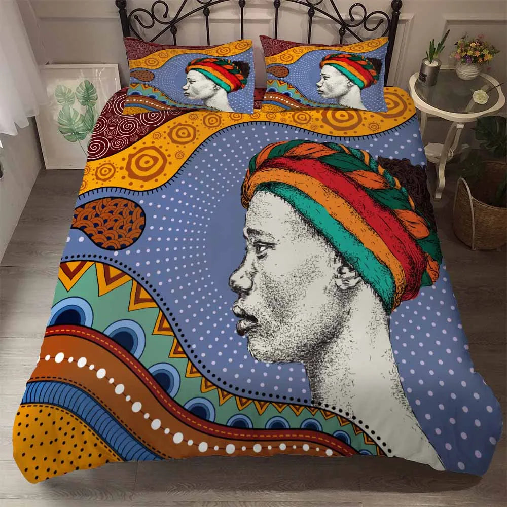 3pcs Eco-friendly Beddings African Design 3D Printed Linen Embroid Black Vintage Woman Character 100% Polyester Polyester