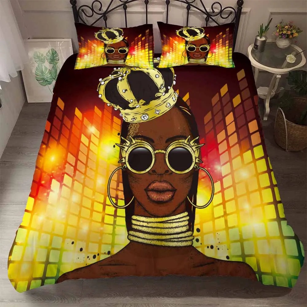 3pcs Eco-friendly Beddings African Design 3D Printed Linen Embroid Black Vintage Woman Character 100% Polyester Polyester