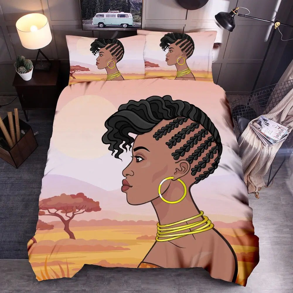 African Design 3D Printed Embroidered Black Girl Vintage Nature Microfiber Duvet Cover Set Black for Home Use Polyester Filling