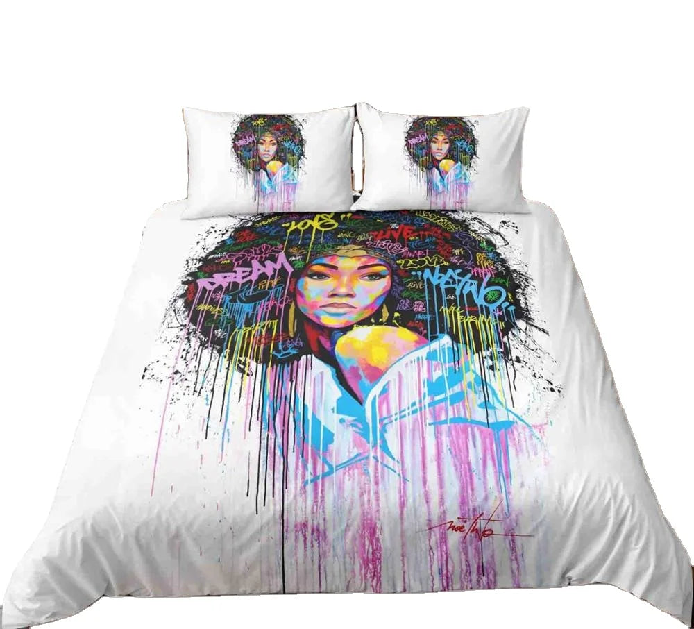 African Design 3D Printed Embroidered Black Girl Vintage Nature Microfiber Duvet Cover Set Black for Home Use Polyester Filling