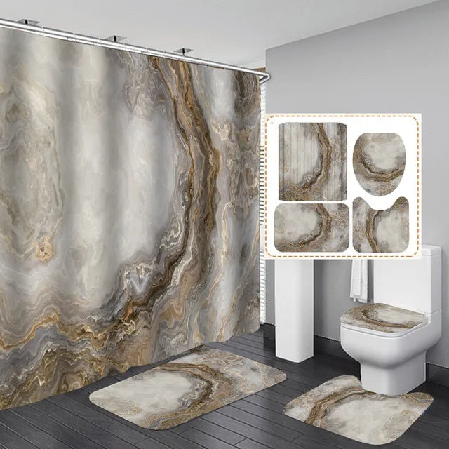Marble White Shower Curtain Set With Non Slip Rug Bath Mat Carpet Modern Bathroom Curtains Toilet Lid Cover Home Decoration/
