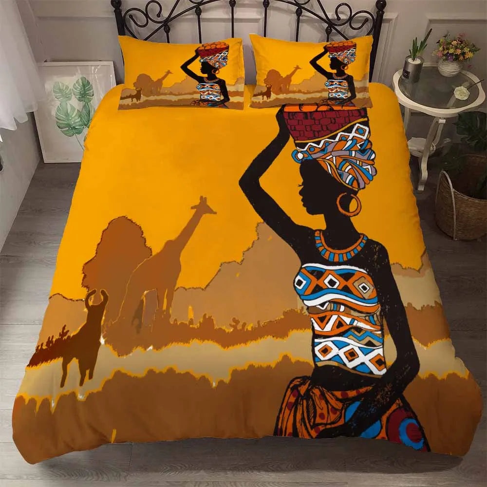 3pcs Eco-friendly Beddings African Design 3D Printed Linen Embroid Black Vintage Woman Character 100% Polyester Polyester