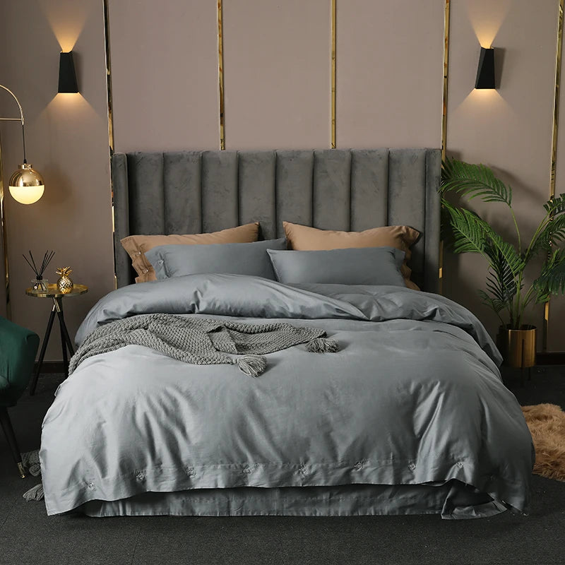 Australian Luxury Style 100% Egyptian Long Staple Cotton Solid Duvet Cover Set 4pcs with 400TC Eco-Friendly Organic Sleep Aid