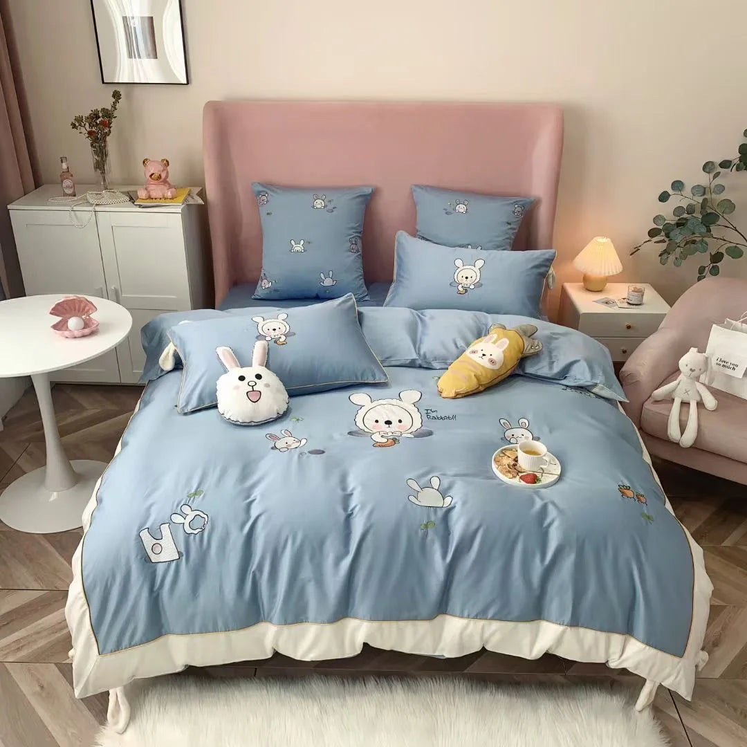 Embroidery Cartoon 60s Egyptian Long Staple Cotton Cute Kids & Children Embroidered Quilts/Duvet Cover/Flat Sheet/Bedding