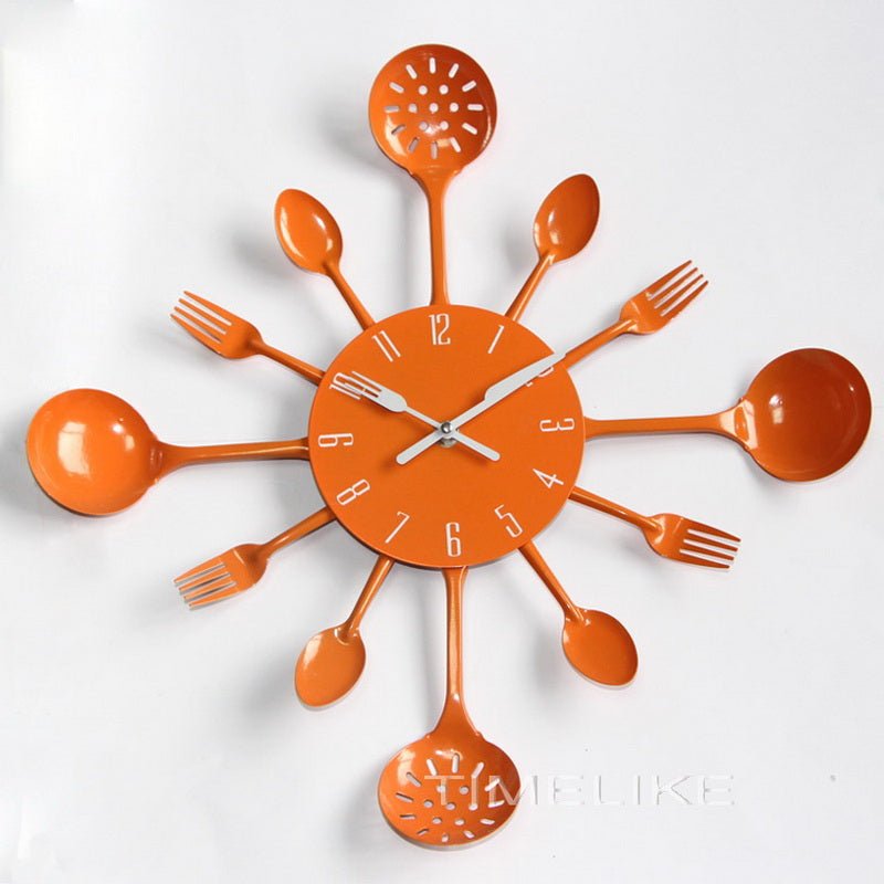 35cm Kitchen Metal Fork And Spoon Wall Clock - Quartz Analog | 9mm Metal Sheet