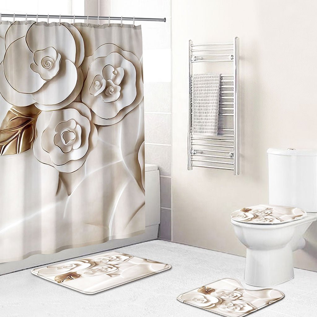 Big Rose Flower Printed Shower Curtains 4PCS Mat Set.