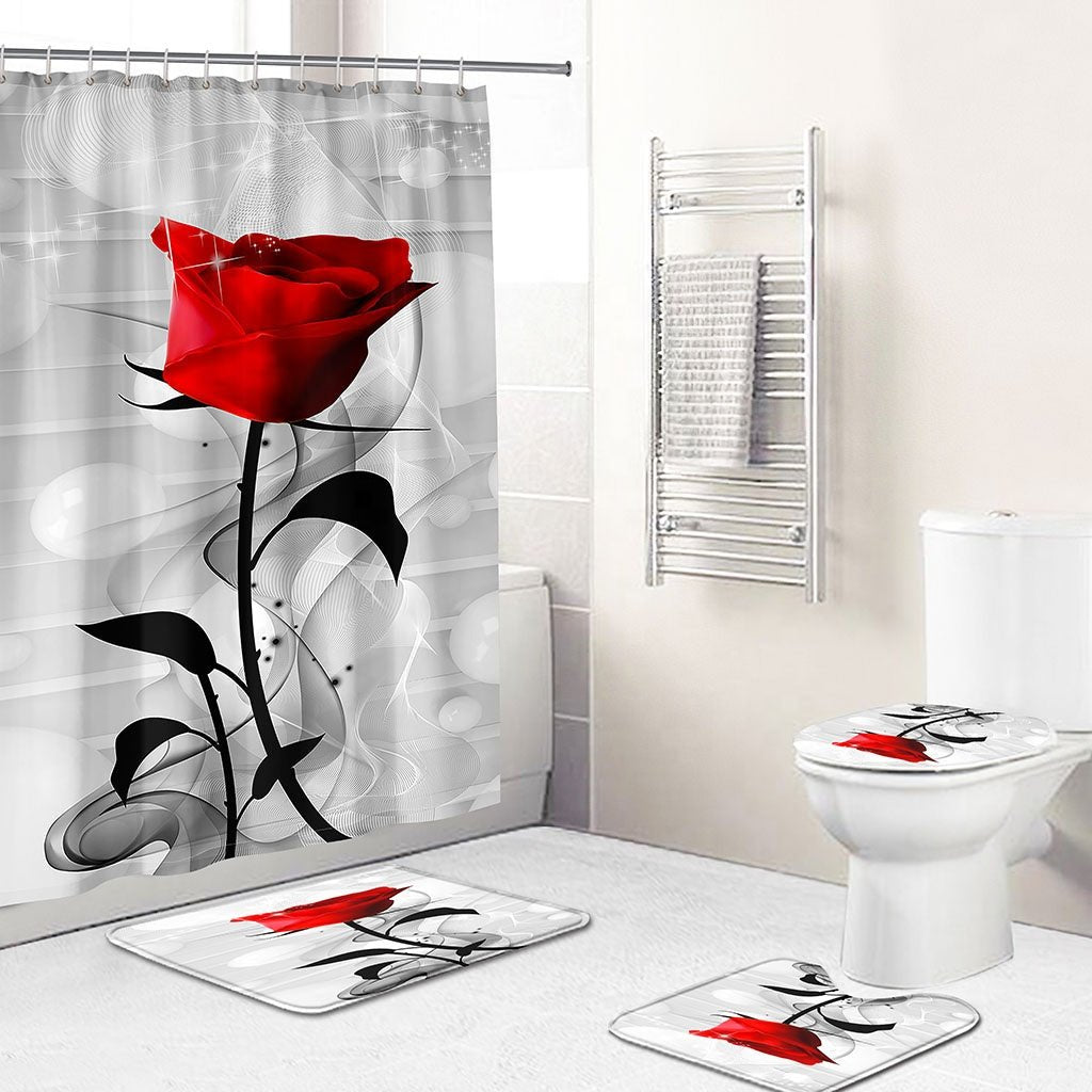Big Rose Flower Printed Shower Curtains 4PCS Mat Set.
