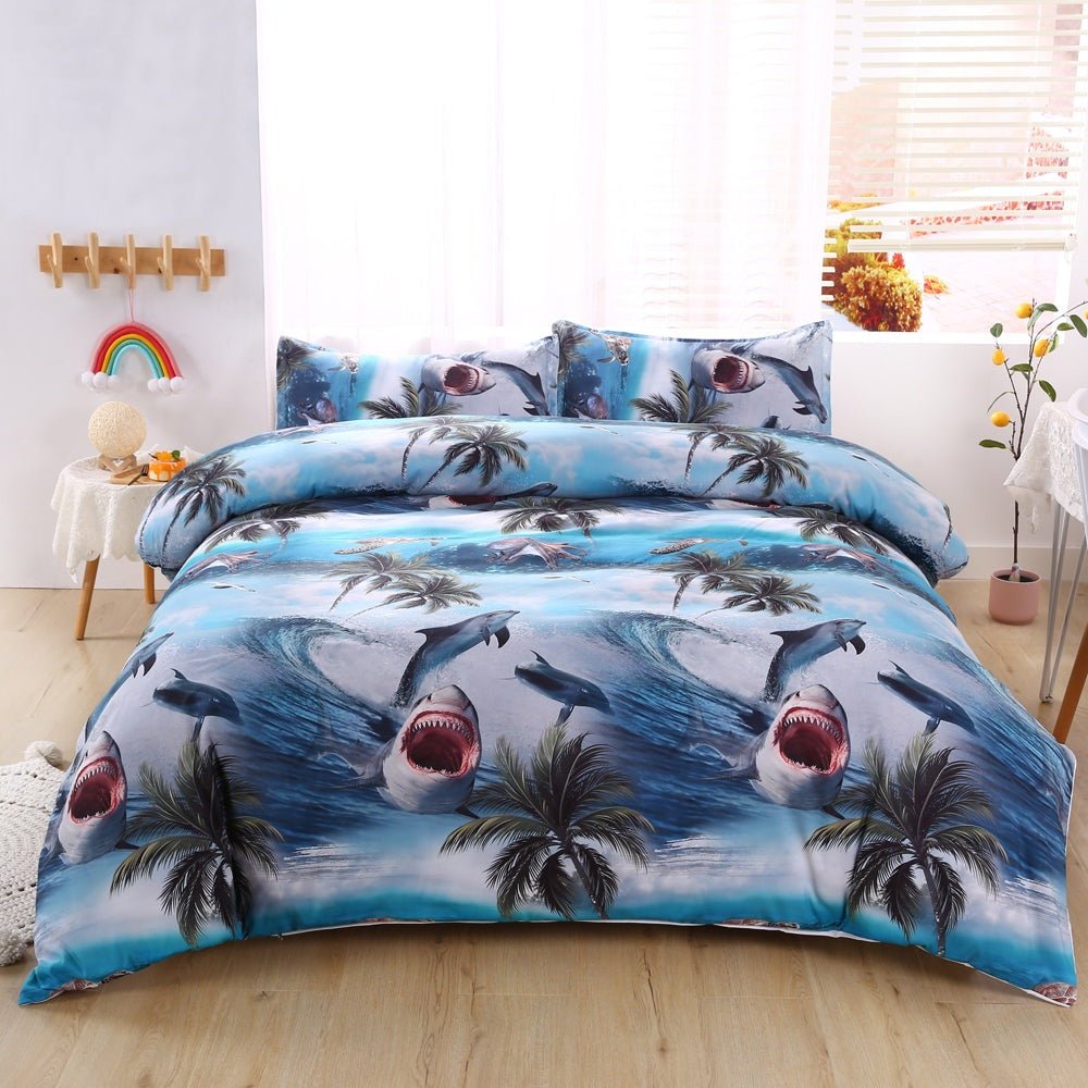 Shark and Palm Tree 3D Microfiber Duvet Set - MAMOU Home Decor