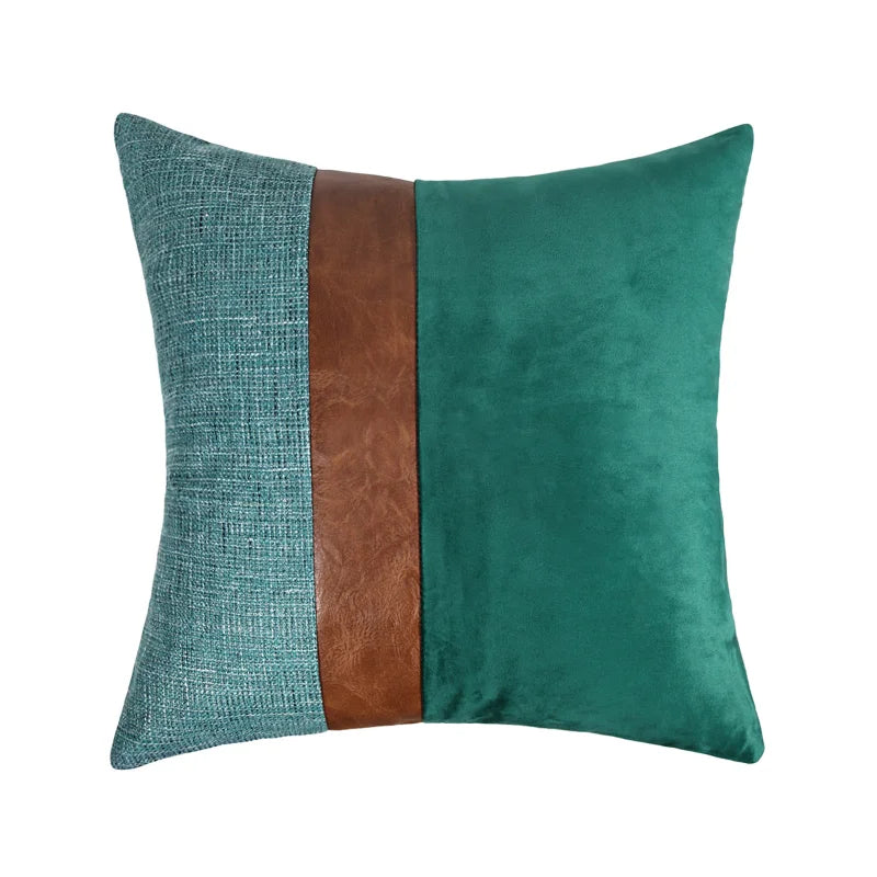 Cotton Linen Velvet Patchwork Faux Leather Pillow Cover Modern Farmhouse Decor Accent Cushion Case Decorative Throw Pillowcase