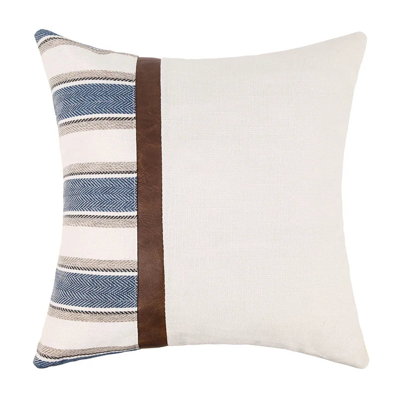 Cygnus Nordic American Modern Pillow Cover Stripe Canvas Stitching Pu Leather Cushion Cover for Home Decor