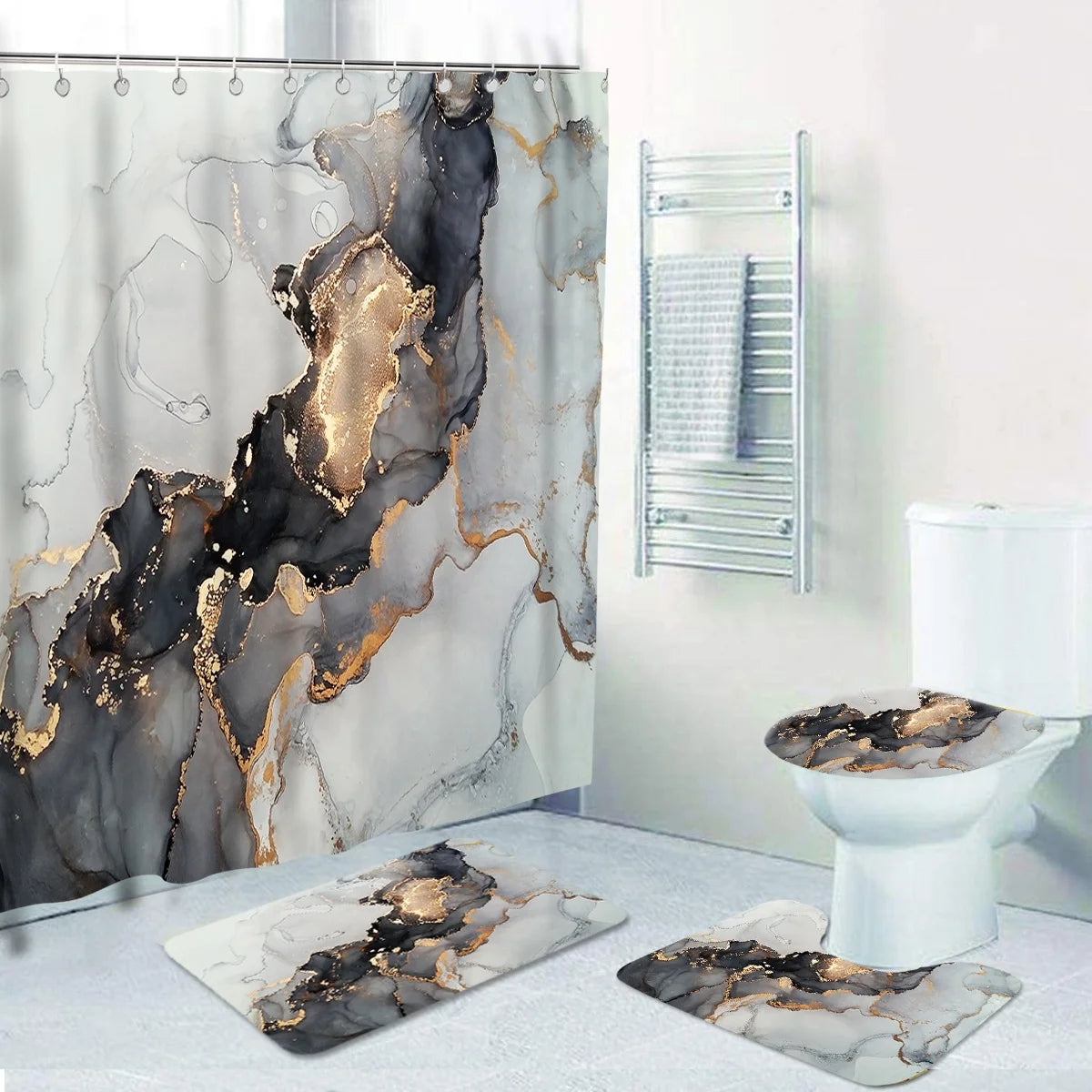 16 Pcs Marble Pattern Bathroom Sets with Shower Curtain and Rugs Waterproof Printing Toilet Shower Curtain with Hooks