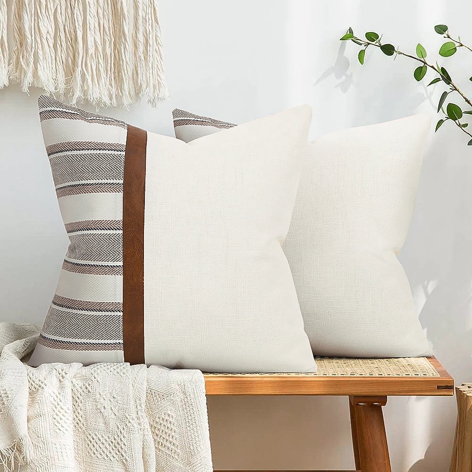 Cygnus Nordic American Modern Pillow Cover Stripe Canvas Stitching Pu Leather Cushion Cover for Home Decor