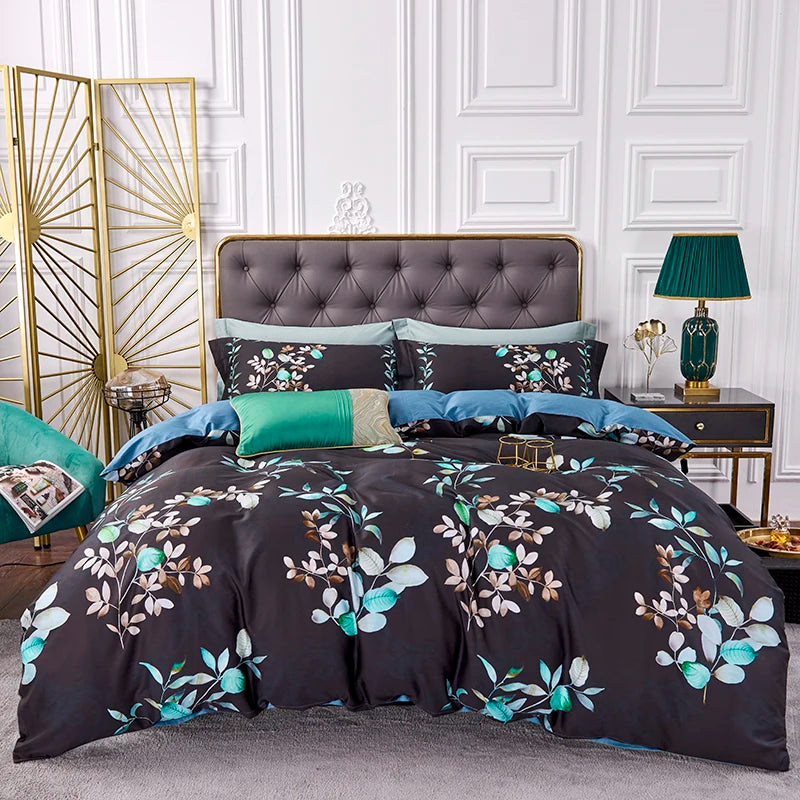 American Style 60s Bedding Sets 100% Egyptian Organic Cotton White Gray Floral Pattern 4pcs 300TC Thread Count