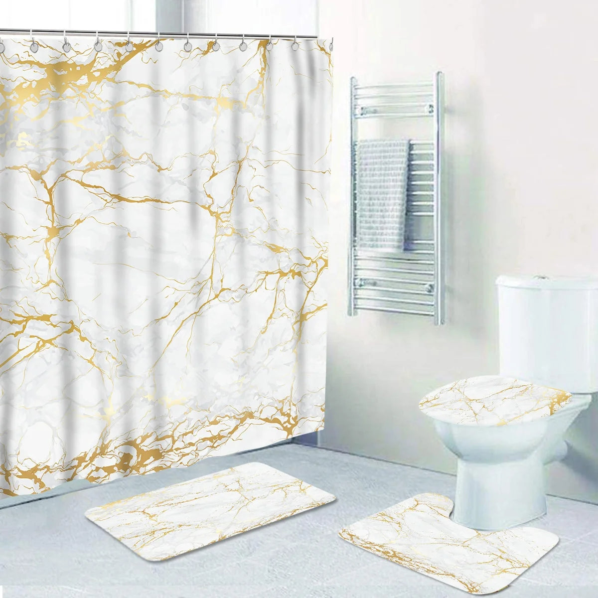16 Pcs Marble Pattern Bathroom Sets with Shower Curtain and Rugs Waterproof Printing Toilet Shower Curtain with Hooks