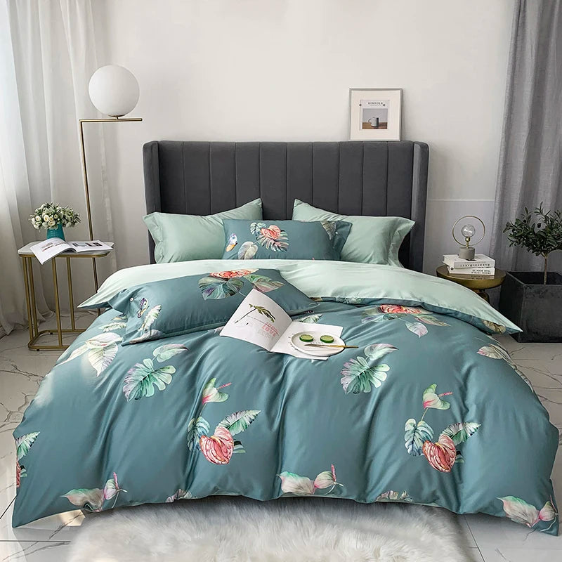 American Style 60s Bedding Sets 100% Egyptian Organic Cotton White Gray Floral Pattern 4pcs 300TC Thread Count