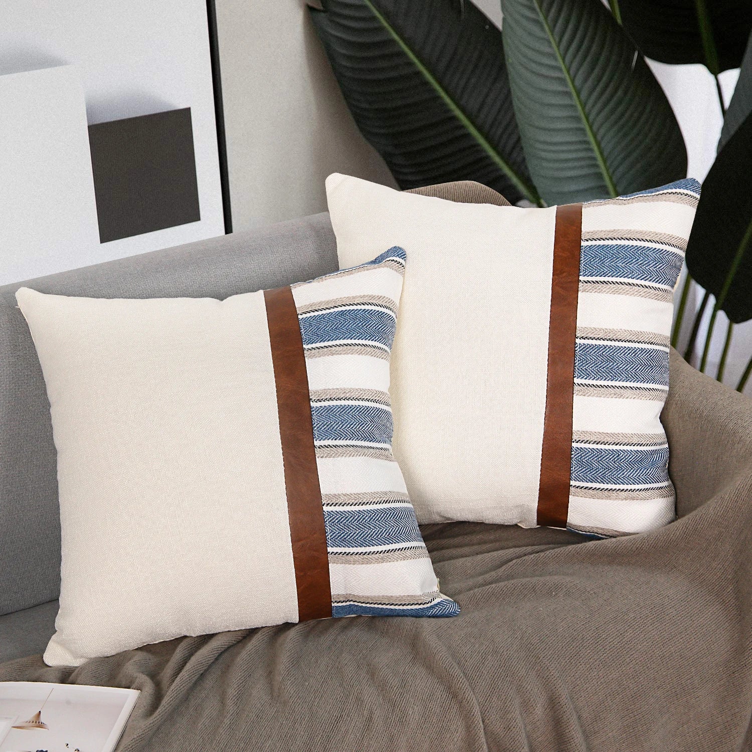 Cygnus Nordic American Modern Pillow Cover Stripe Canvas Stitching Pu Leather Cushion Cover for Home Decor