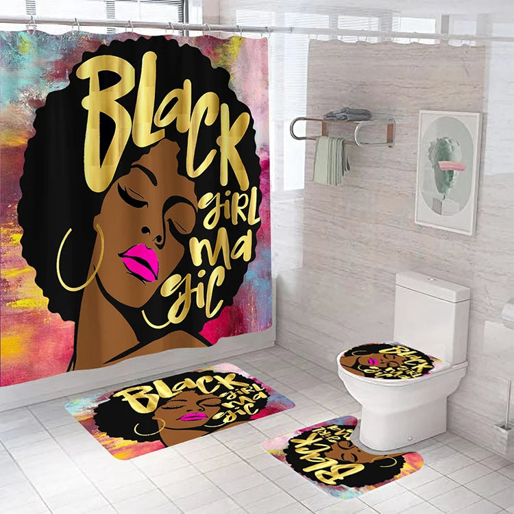 American African Black Women Bad Girl Afro Shower Curtain Bathroom Set and Bath Rugs Set