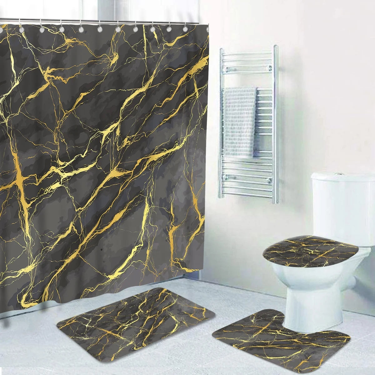 16 Pcs Marble Pattern Bathroom Sets with Shower Curtain and Rugs Waterproof Printing Toilet Shower Curtain with Hooks
