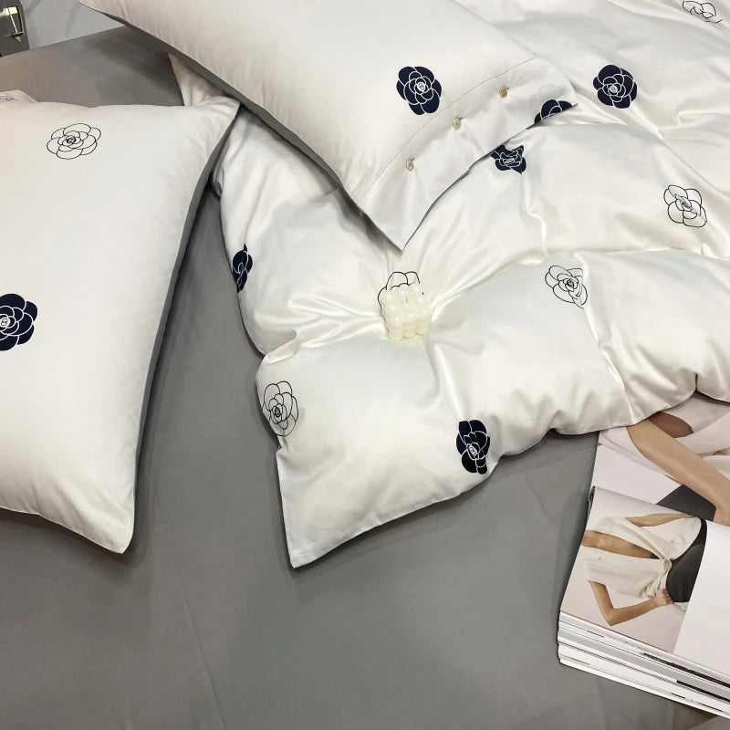 American Style 60s Bedding Sets 100% Egyptian Organic Cotton White Gray Floral Pattern 4pcs 300TC Thread Count