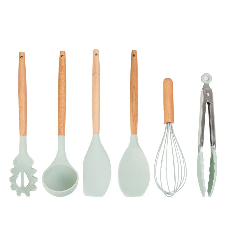 12 Pieces in 1 Set Silicone Kitchen Accessories Cooking Tools Kitchenware Cocina Silicone Kitchen Utensils With Wooden Handles