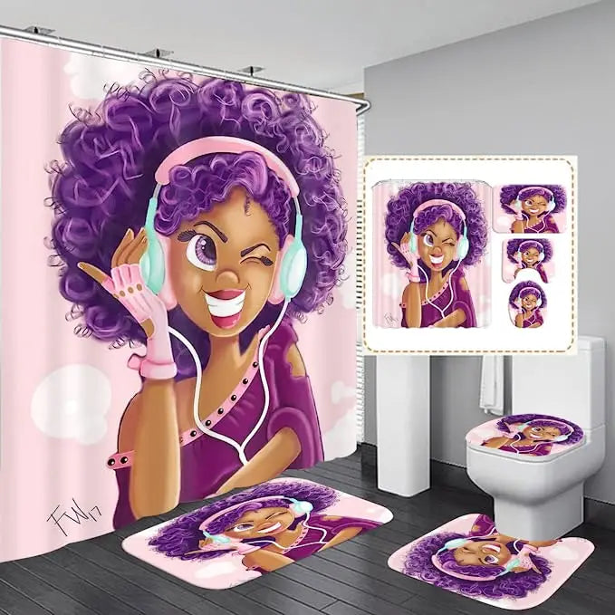 American African Black Women Bad Girl Afro Shower Curtain Bathroom Set and Bath Rugs Set
