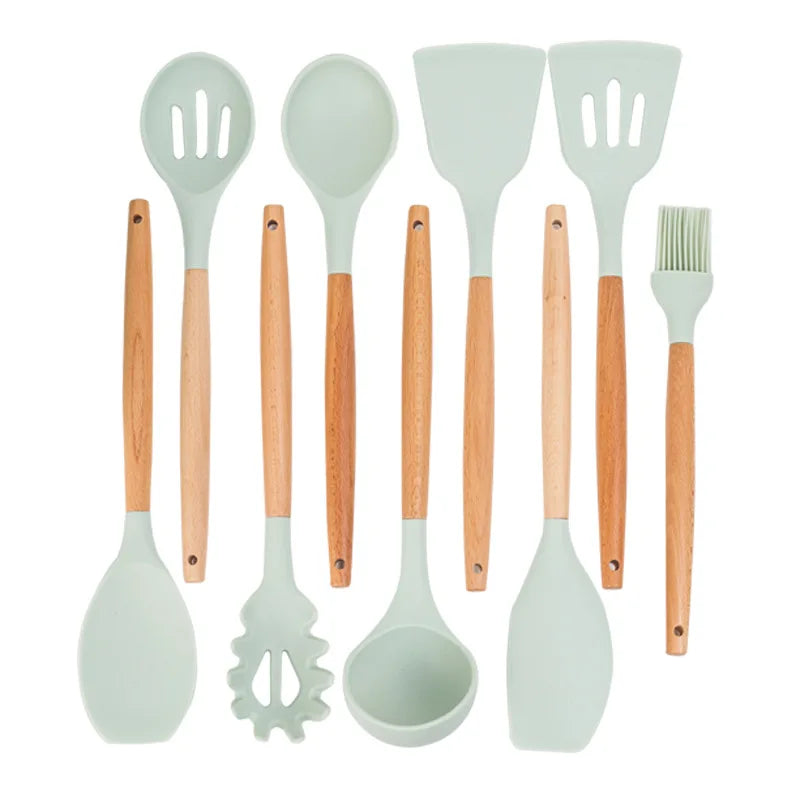 12 Pieces in 1 Set Silicone Kitchen Accessories Cooking Tools Kitchenware Cocina Silicone Kitchen Utensils With Wooden Handles