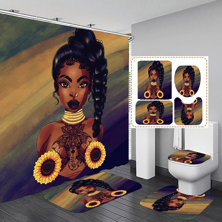 American African Black Women Bad Girl Afro Shower Curtain Bathroom Set and Bath Rugs Set