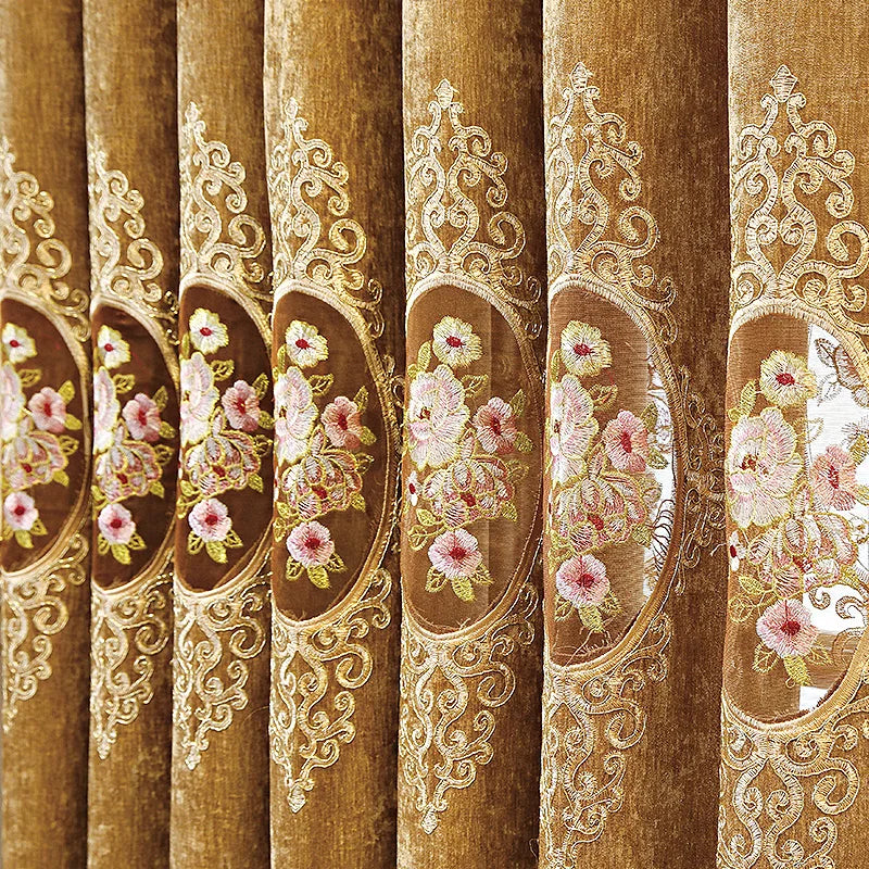 Factory Direct Luxury Chenille Embroidered Curtains Fabrics Hollow Rose Embroidery Curtain Fabric for Living Room