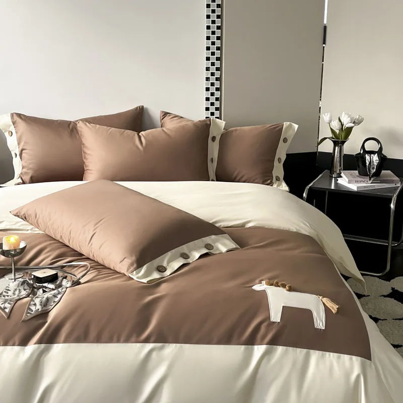 100S Egyptian Cotton Bedding Sets Luxury Bed Sheets Splicing Embroidery Horse Designer Bedding Luxury Brand