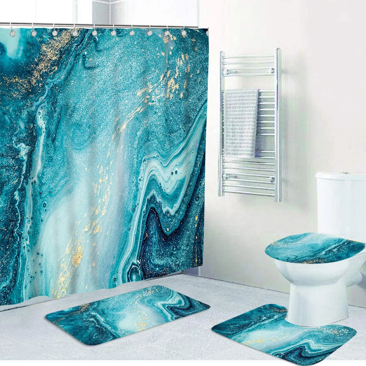16 Pcs Marble Pattern Bathroom Sets with Shower Curtain and Rugs Waterproof Printing Toilet Shower Curtain with Hooks