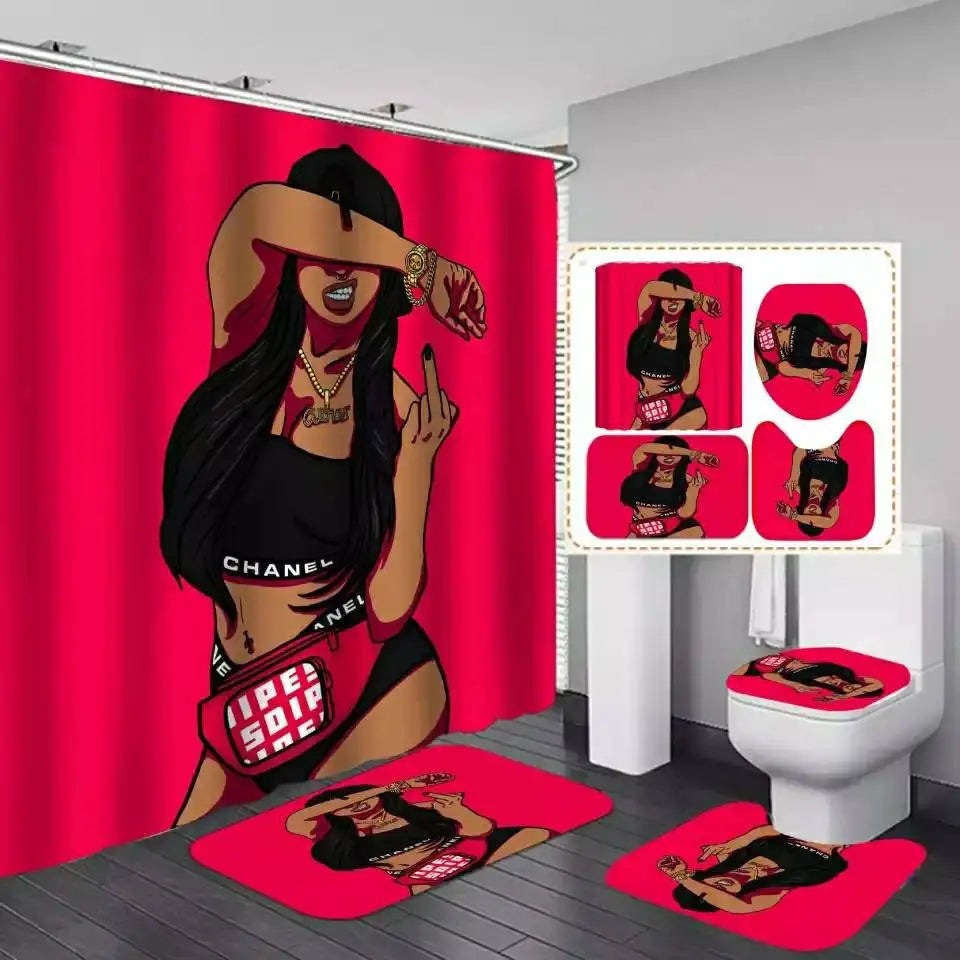 American African Black Women Bad Girl Afro Shower Curtain Bathroom Set and Bath Rugs Set