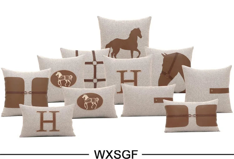 Luxury Cushion Covers 100% French Linen PU Leather Horse Plush Pillow Cover Modern 45x45cm