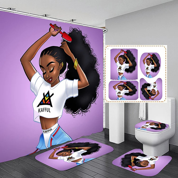 American African Black Women Bad Girl Afro Shower Curtain Bathroom Set and Bath Rugs Set