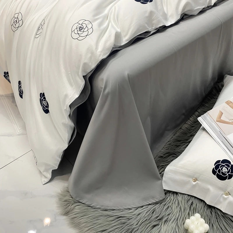 American Style 60s Bedding Sets 100% Egyptian Organic Cotton White Gray Floral Pattern 4pcs 300TC Thread Count