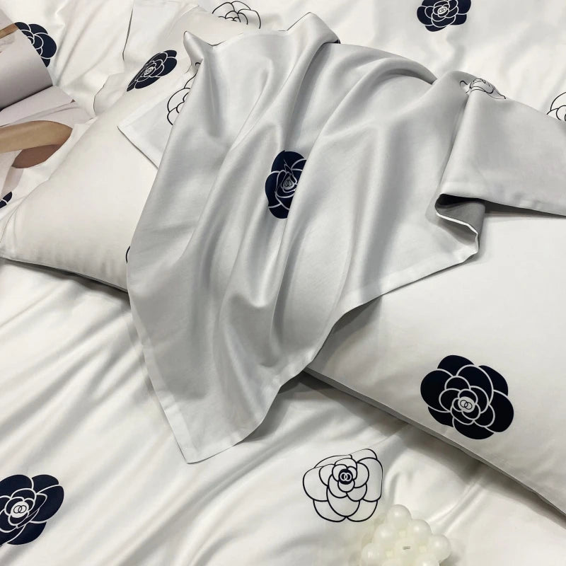 American Style 60s Bedding Sets 100% Egyptian Organic Cotton White Gray Floral Pattern 4pcs 300TC Thread Count