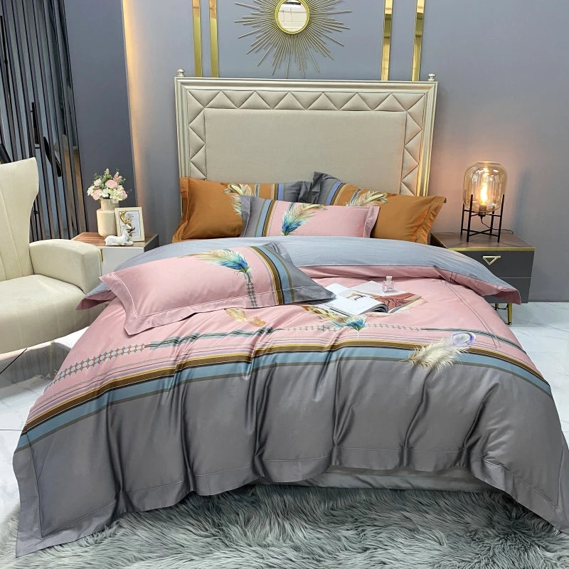 European Style 60s 100% Egyptian Organic Cotton 4pcs Bedding Set with Zipper Closure Corner Ties