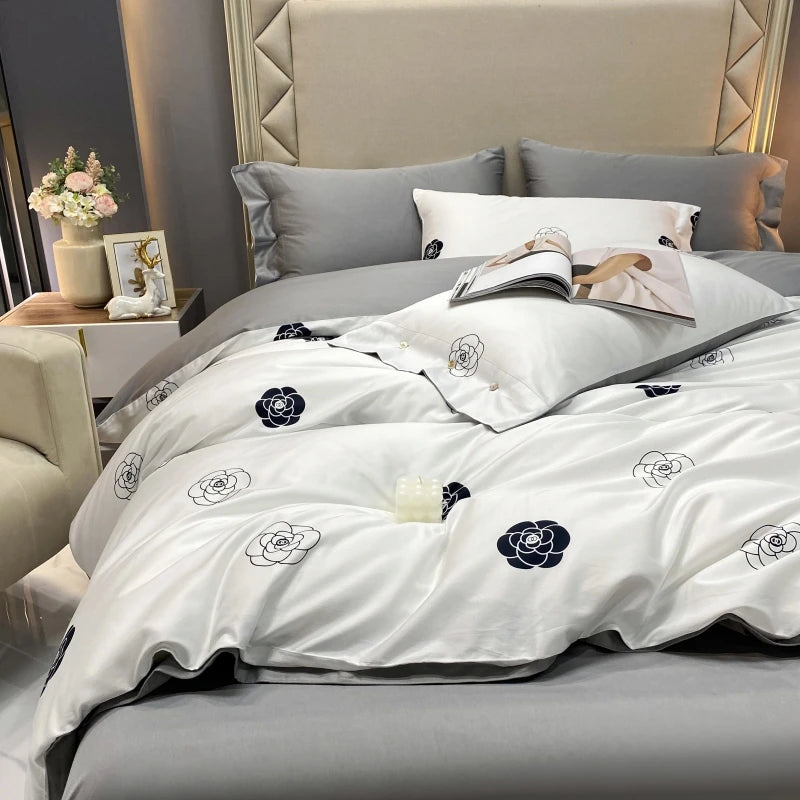 American Style 60s Bedding Sets 100% Egyptian Organic Cotton White Gray Floral Pattern 4pcs 300TC Thread Count