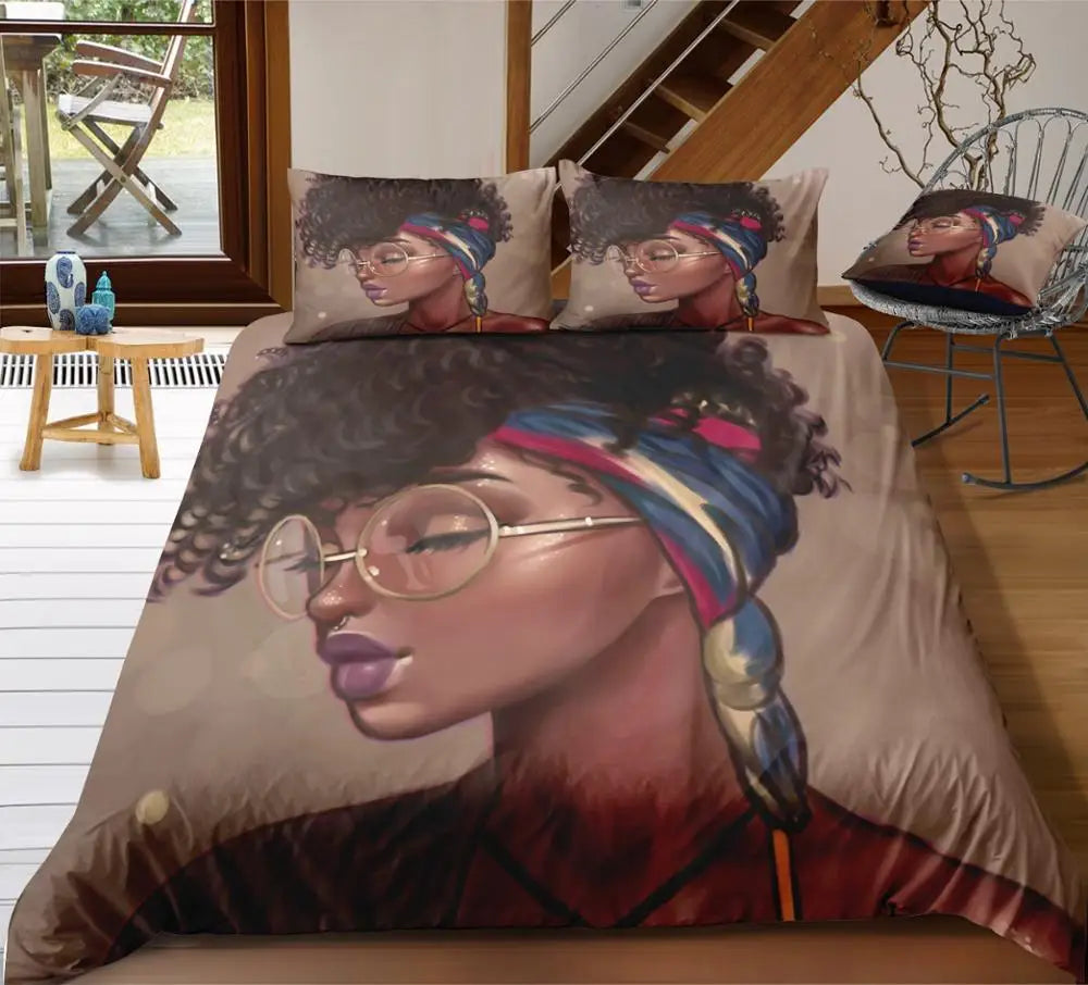 African Design 3D Printed Embroidered Black Girl Vintage Nature Microfiber Duvet Cover Set Black for Home Use Polyester Filling